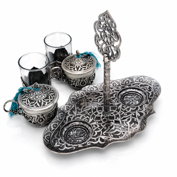 Osmanisches Türkisches Kaffeeset aus Metall mit Gläsern