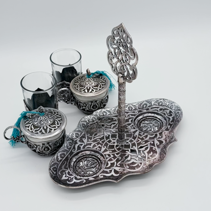 Osmanisches Türkisches Kaffeeset aus Metall mit Gläsern
