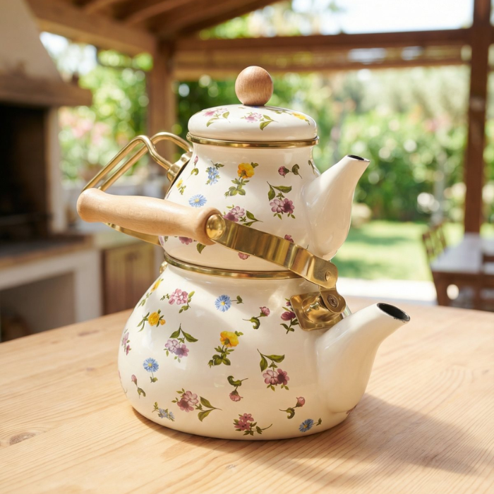 Acar Petit Fleur Tombul Emaye Çaydanlık Takımı