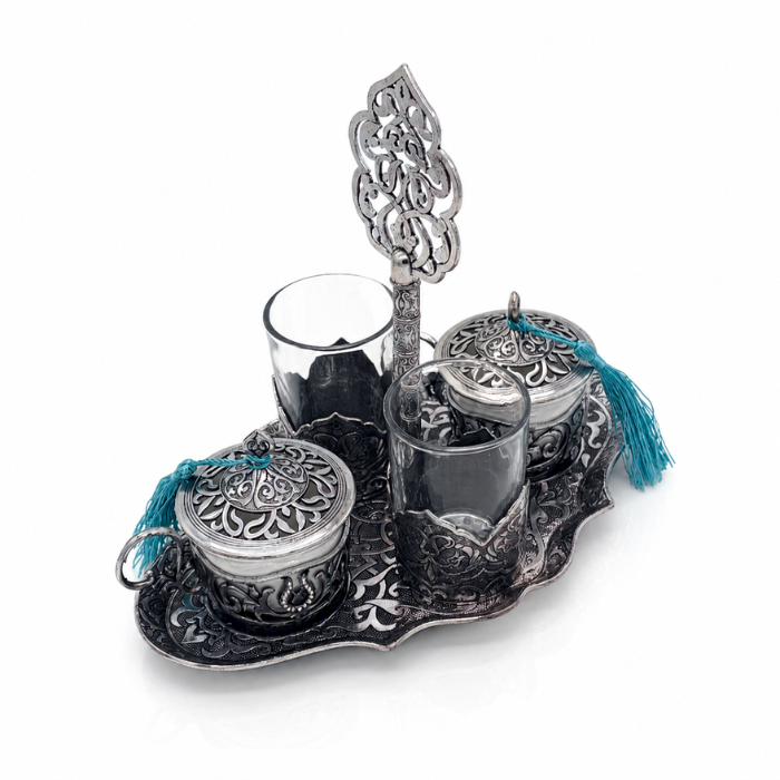 Osmanisches Türkisches Kaffeeset aus Metall mit Gläsern