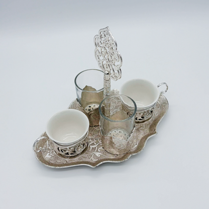 Osmanisches Türkisches Kaffeeset aus Metall mit Gläsern