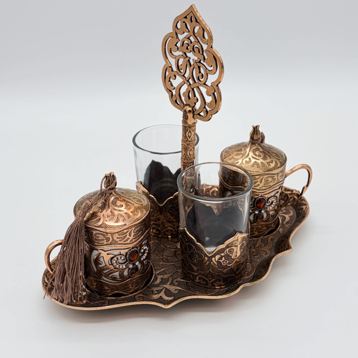 Osmanisches Türkisches Kaffeeset aus Metall mit Gläsern
