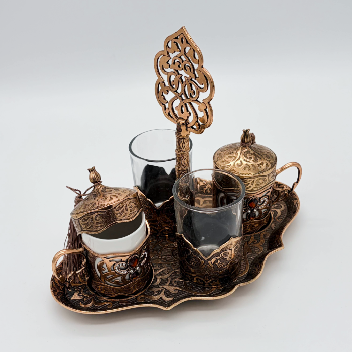 Osmanisches Türkisches Kaffeeset aus Metall mit Gläsern