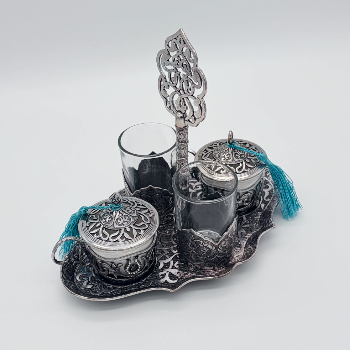 Osmanisches Türkisches Kaffeeset aus Metall mit Gläsern