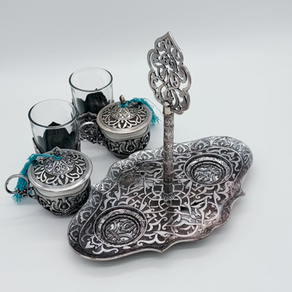 Osmanisches Türkisches Kaffeeset aus Metall mit Gläsern