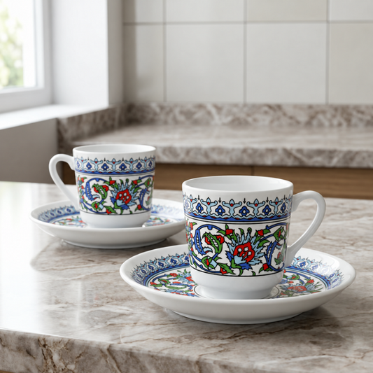 Korkmaz Topkapı Çini Mokkatassenset - Iznik Desen Türk Kahve Fincan Seti