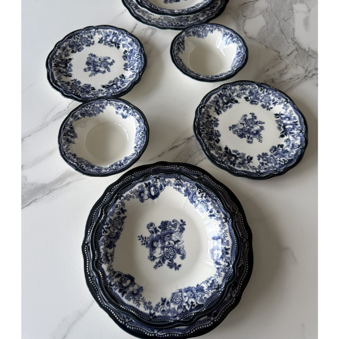 Vintage Fulya Blue Porzellan-Tafelservice für 6 Personen